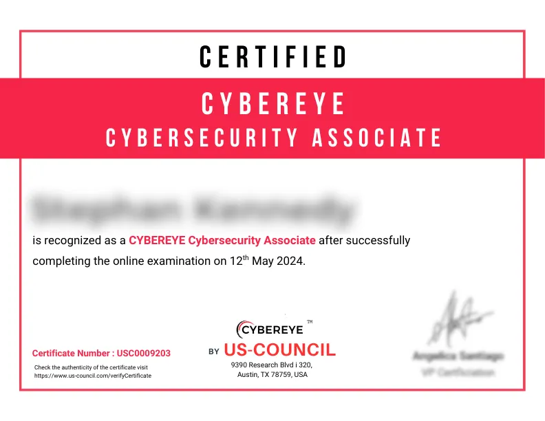 sample certificate for cybereye bus-council cybersecurity associate / SOC Analyst 